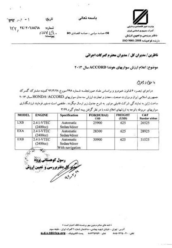 اعلام ارزش گمرکی ۳۴ خودروی خارجی