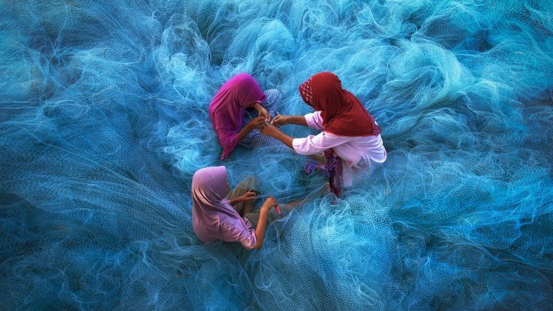 تصویری دیدنی از تعمیر تور ماهیگیری